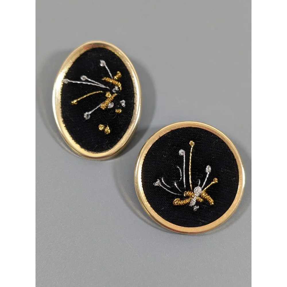 Vintage Black Velvet Embroidered Oval Brooch Set‎ Gold Tone Frame – Set of 2
